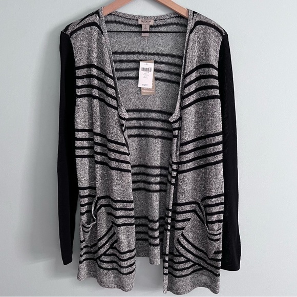 Chico’s Easywear Alastrina Striped Gray Black Open Front Light Knit Cardigan - Picture 1 of 13